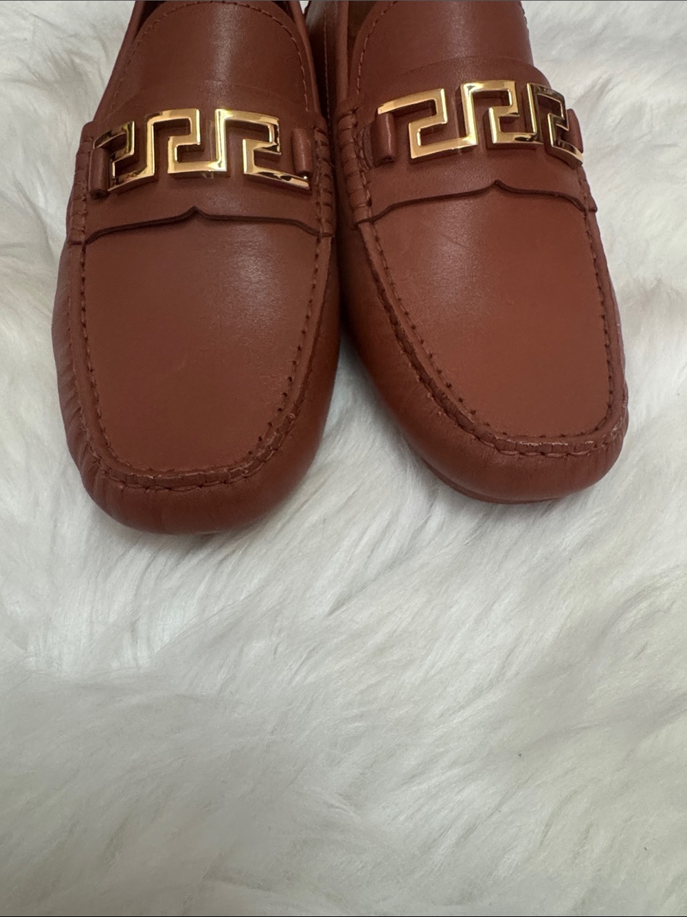 Versace Men’s Brown Leather Loafers with Gold-Tone Greek Key Accent - Picture 5 of 7